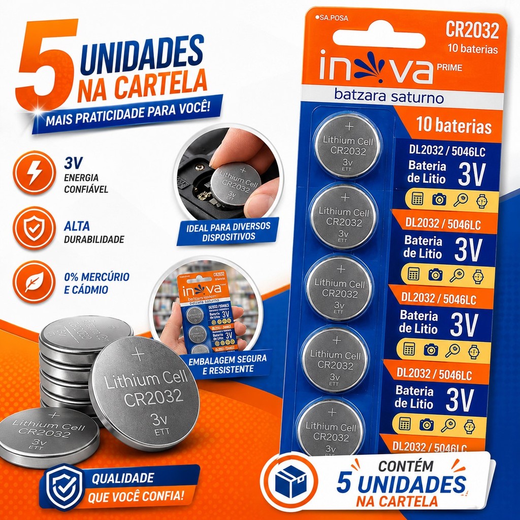 Kit 5 Baterias CR2032 3V Lítio Inova Pilha Moeda Para Controle Relógio Balança