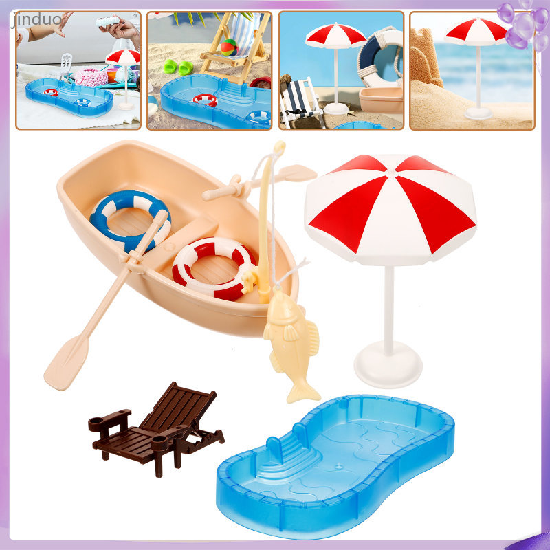 🎀 1Conjunto Piscina Miniatura Para Casinha Com Cadeira De Praia E Barco Colorido Em Plástico