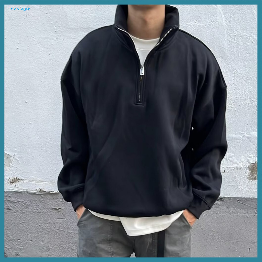 Men Solid Color Sweatshirt Long-sleeve Stand-up Collar Men's Fall Winter Half-zip Stand Pullover Loose Fit Long Sleeve C