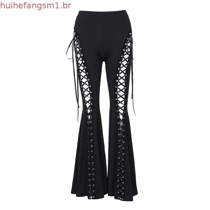 Hi * Calça Flare Feminina Elegante Ilhó E Detalhe Gravata Tecido Elástico