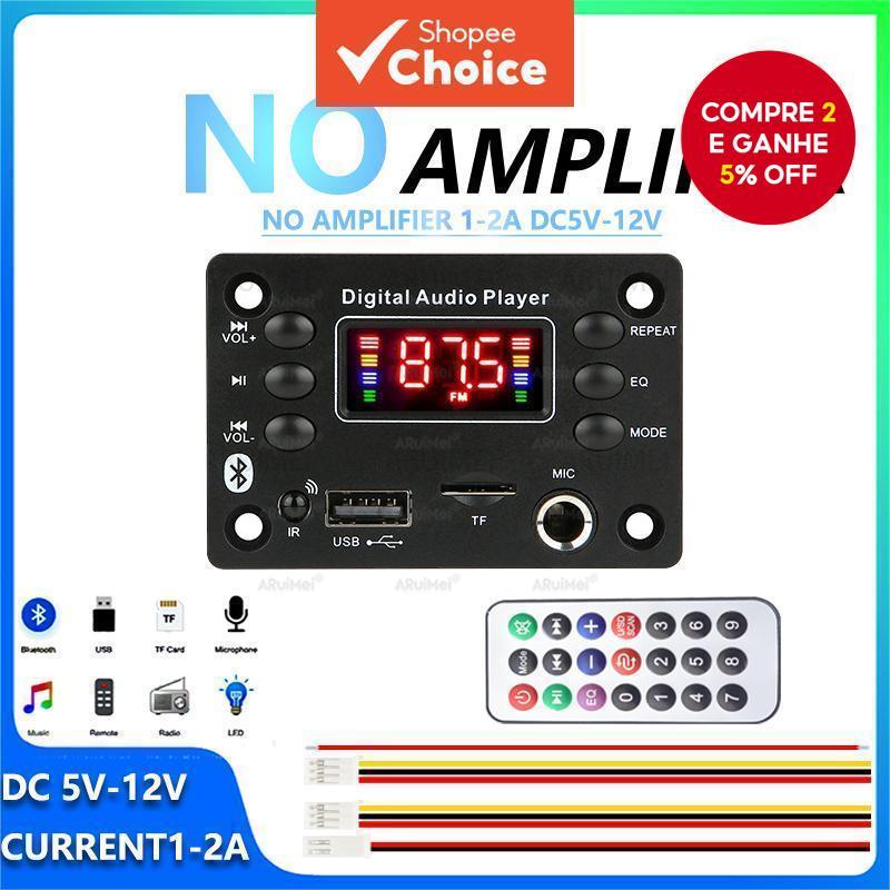 Mini Amplificador Bluetooth 5V-12V 1-2A com Controle Remoto, Cabo de Alimentação, Fios para Auto-Falante e Caixa de
