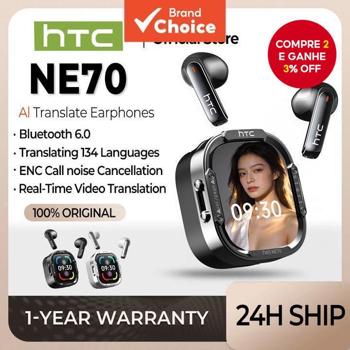 HTC NE70 Fones De Ouvido Com Tradução AI De 134 Idiomas LED Touch Screen TWS HiFi Estéreo Cancelamento De Ruído HD Chama