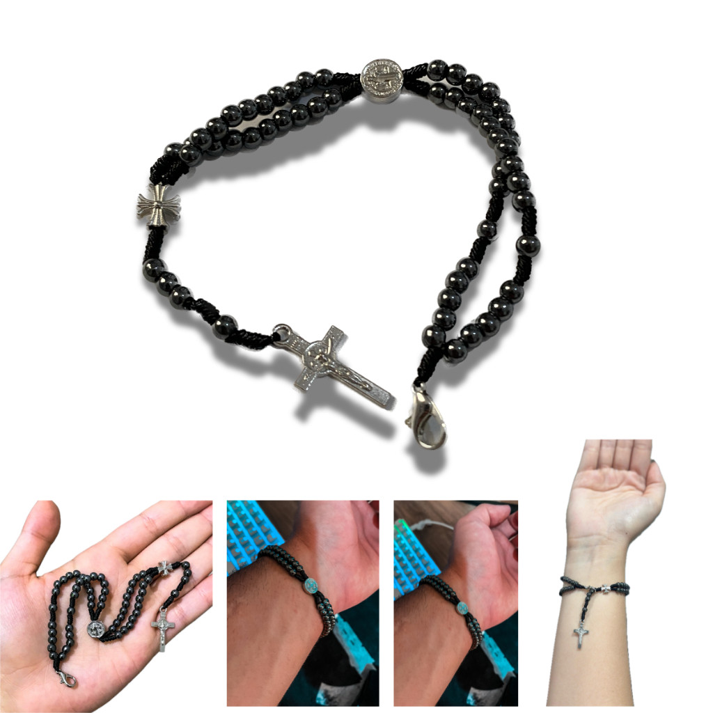 Terço de Pulso Pulseira Religiosa São Bento Hematita e Aço Inox