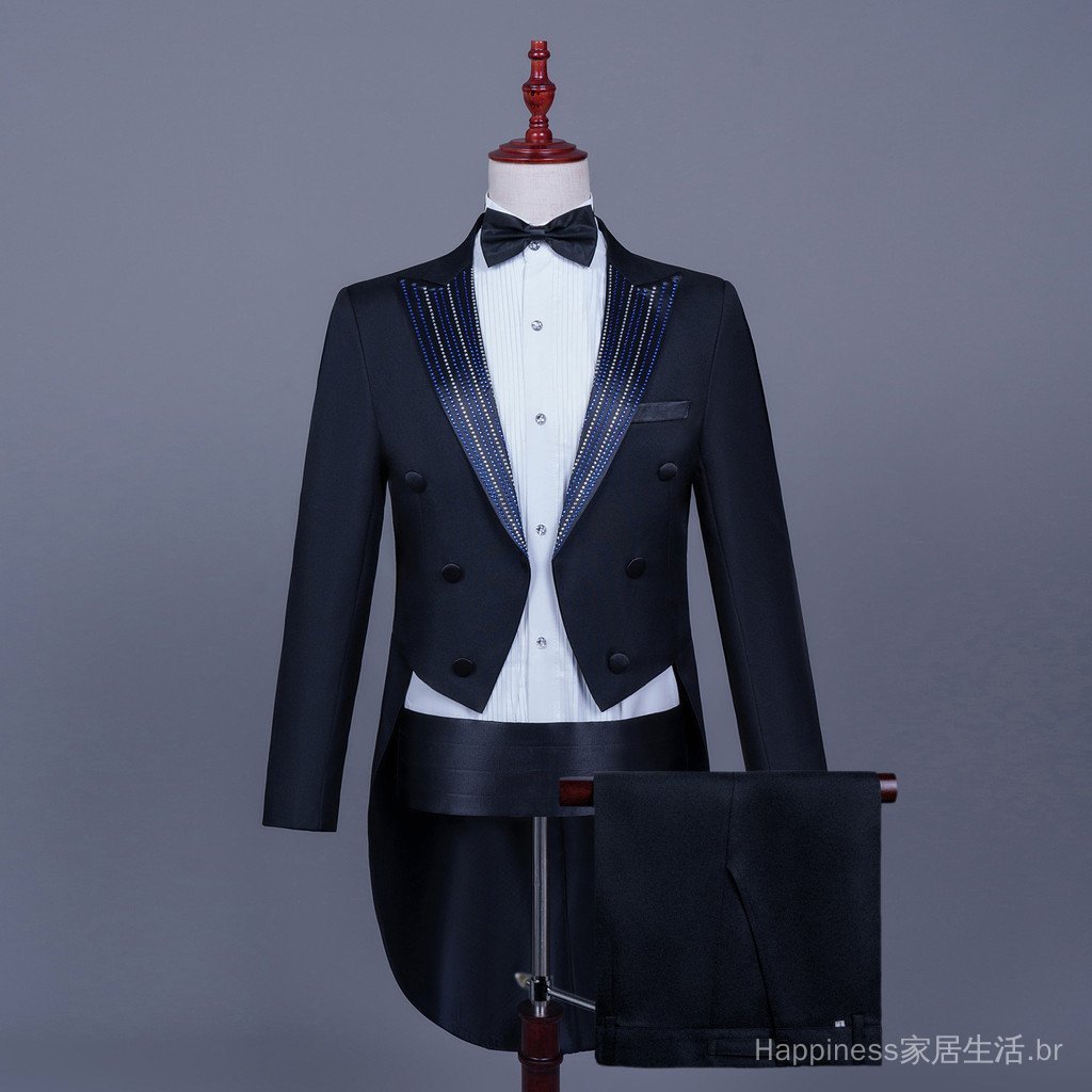 Smoking masculino com gola de strass, preto e branco, traje de mágico, cantor de ópera, maestro de cerimônias, vestido d