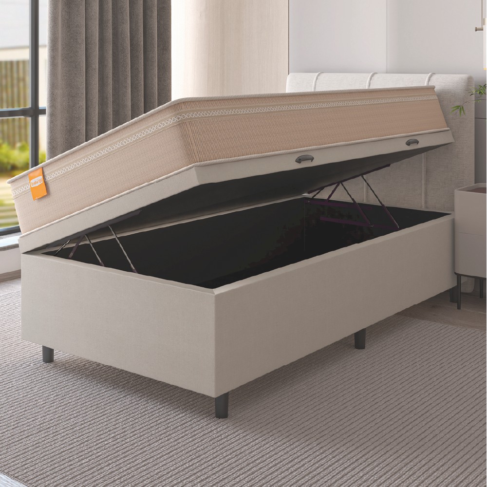 Detalhes do Cama Box Baú Solteiro Colchão Molas Qatar 88x188x63cm Bege/Branco Inducol - Suporta Até 200 Kg Por Pessoa