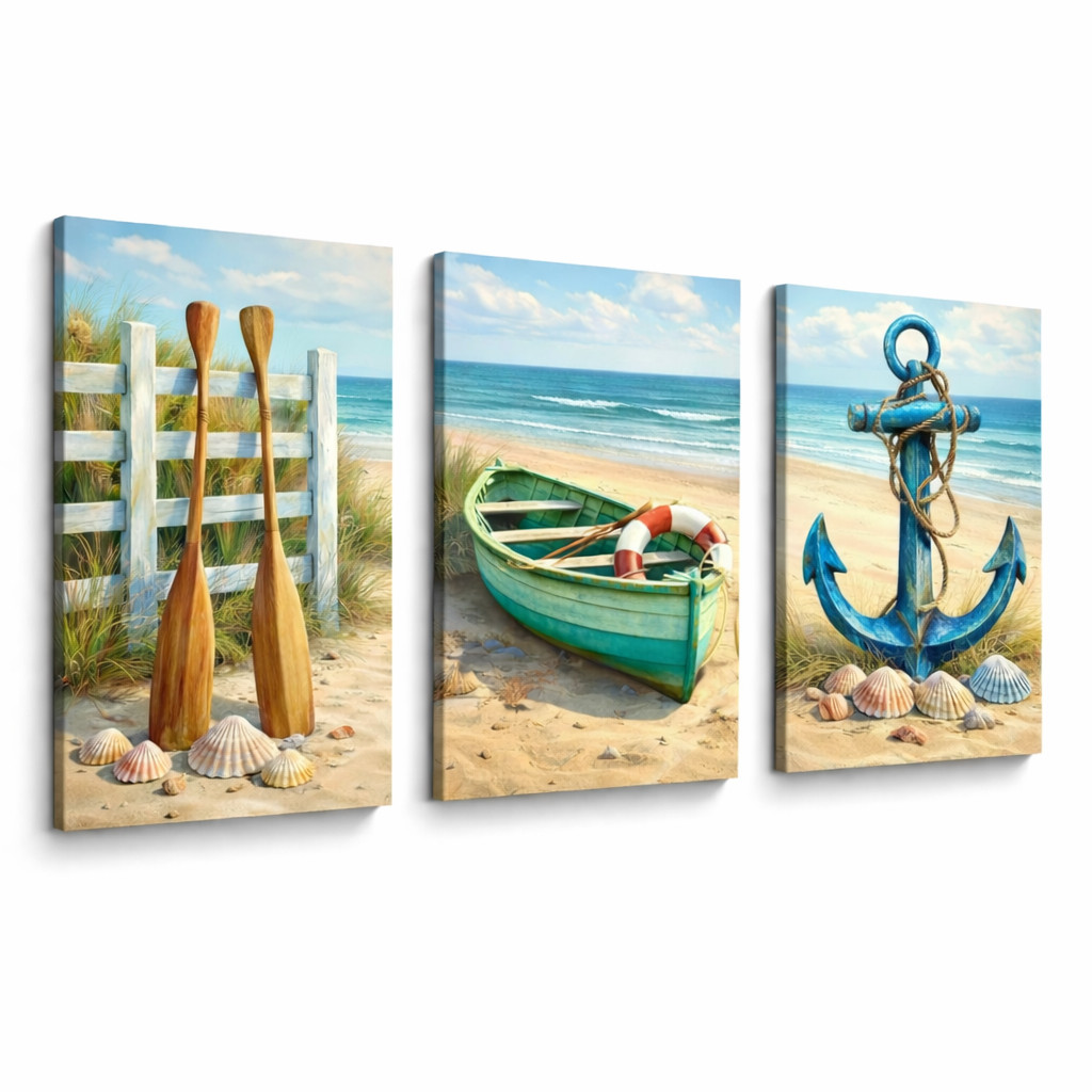 Quadro Decorativo Praia Barco Âncora Remo Conchas Náutico Trio Parede Sala Quarto Casa Decoração Litoral Marítimo Azul