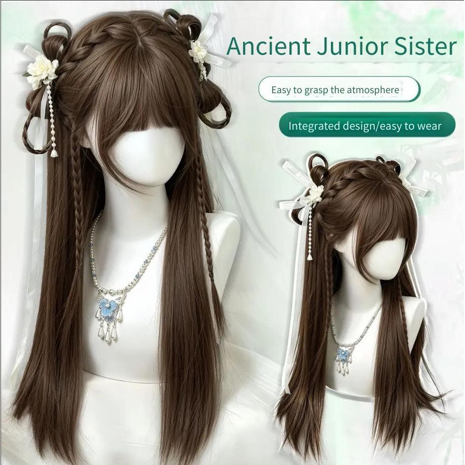 T T TSE peruca feminina trançada bom cabelo para fora antigo doce menina leite chá cor longo cabelo reto bonito arnês co