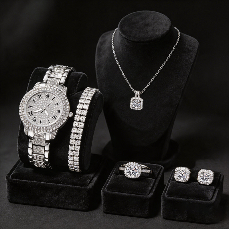 Kit Relógio Feminino Luxo Prata 5 Peças Colar Brinco Anel Pulseira Strass Presente
