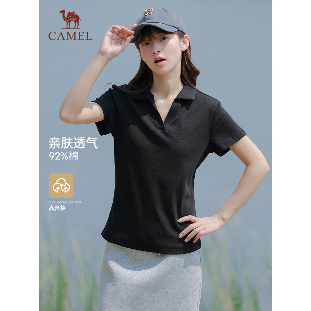Camelo camisa polo de manga curta com decote em V feminina 26 lazer ao ar livre esportes camiseta de secagem rápida 26 p