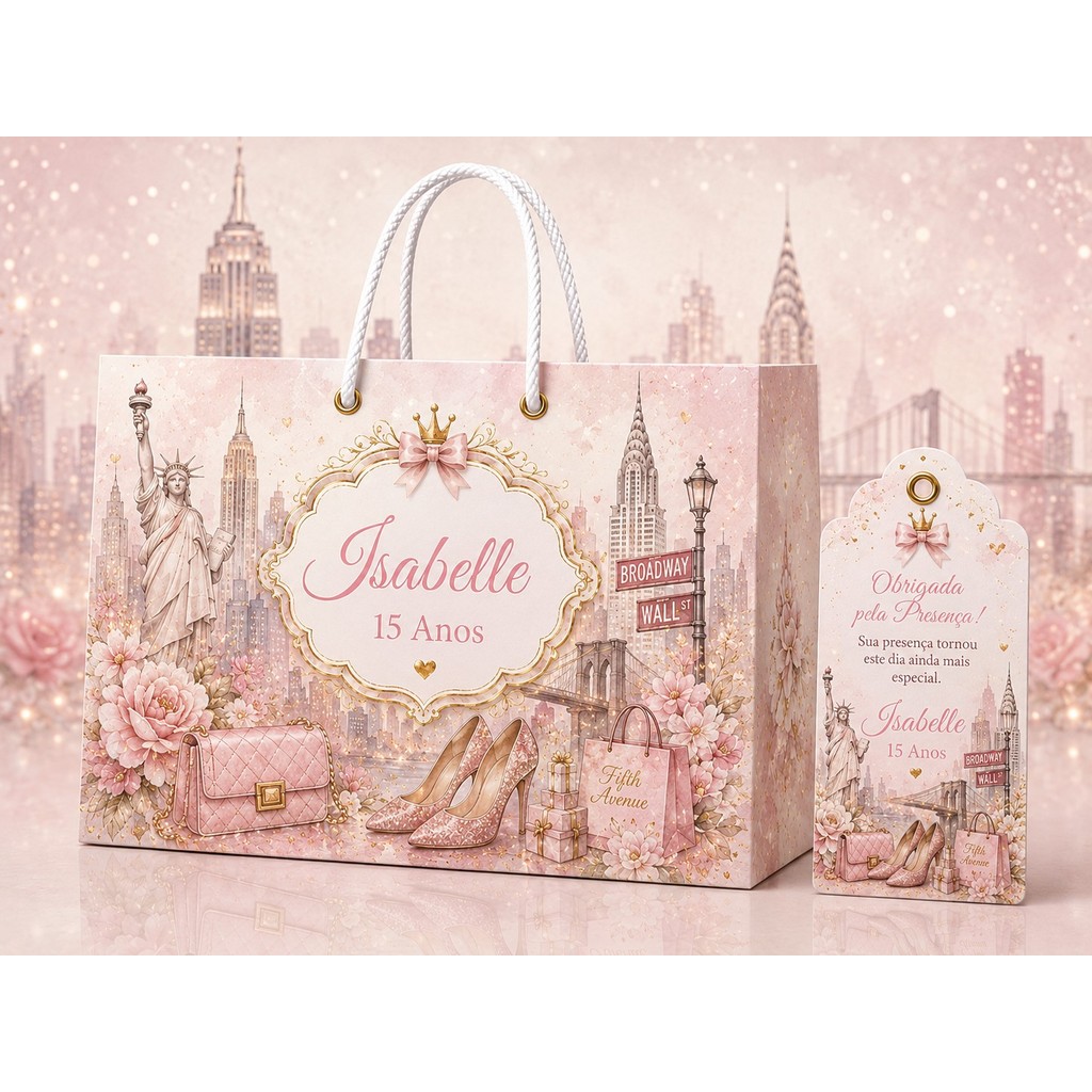 Kit Sacolinhas Personalizadas - Lembrancinha de Festa 15 Anos Cartão Postal Nova York 20x15cm + Tag 5x9cm (Mod.39)