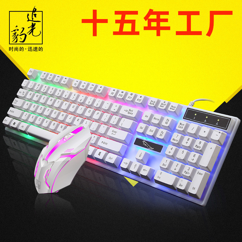 2026 novo estilo fonte perseguindo luz leopardo G21B com fio teclado mouse conjunto usb luminoso sensação mecânica tecla
