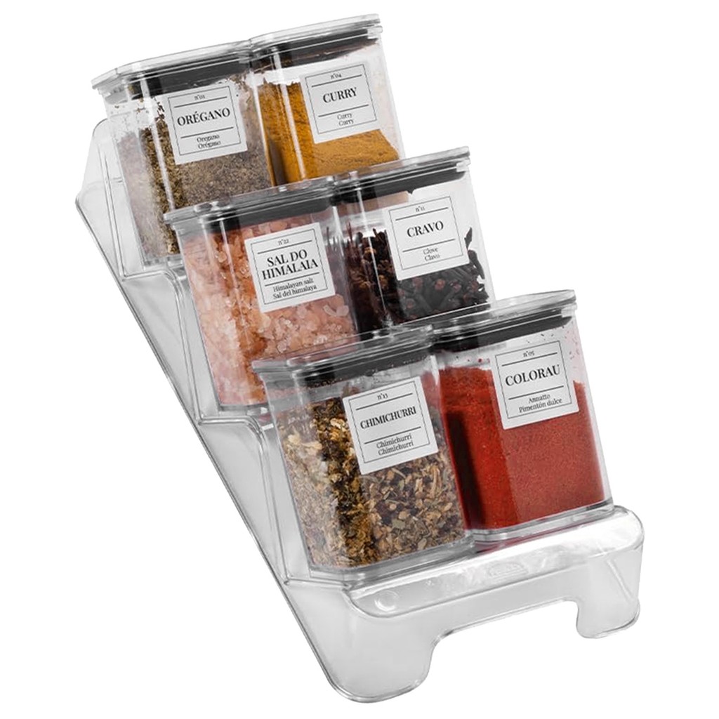 Porta Condimentos Com 6 Potes Organizador Com Base Cristal Transparente Tempero Cozinha
