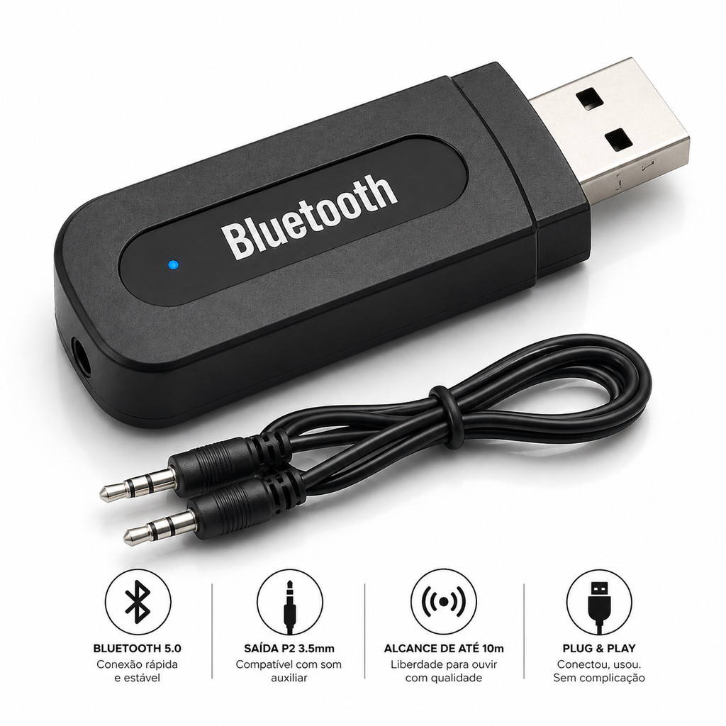 Bluetooth Usb Adaptador Receptor Musica P2 para Som Automotivo USB (3,5mm)