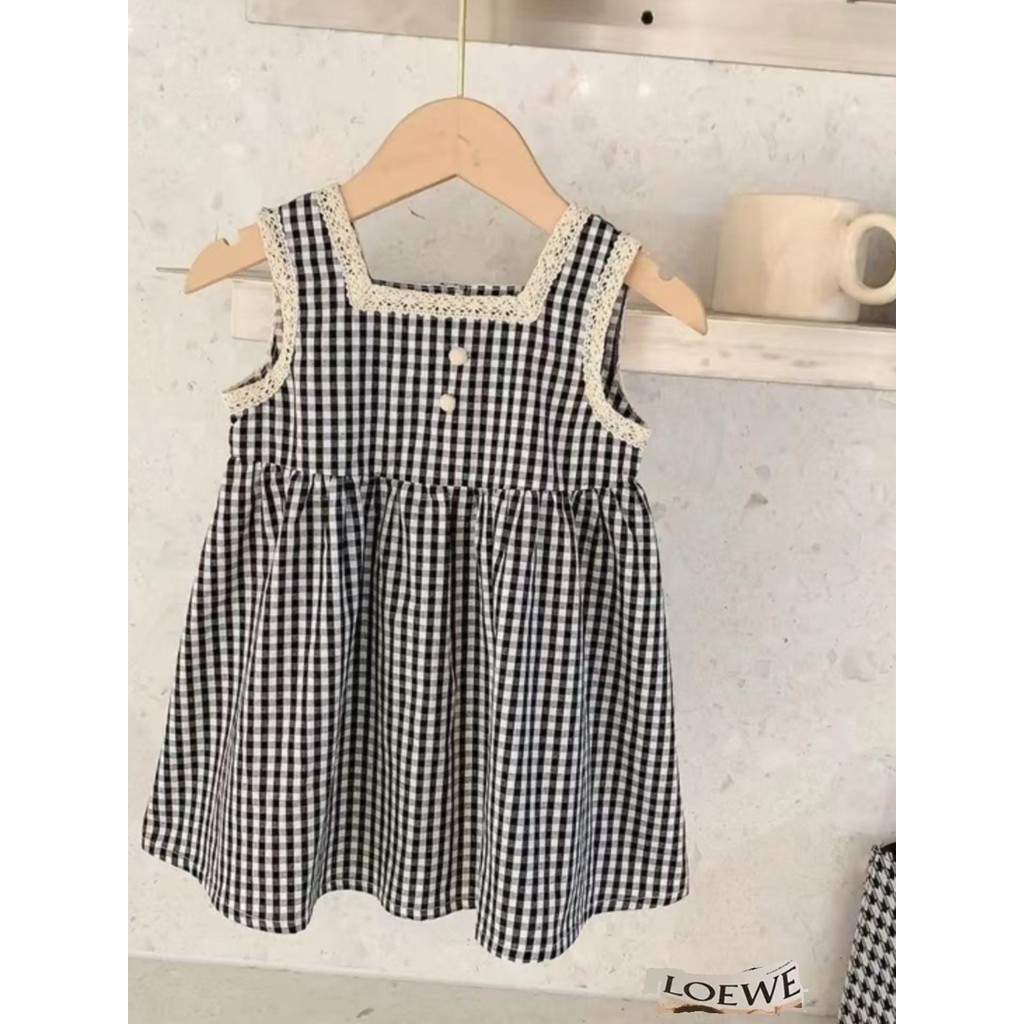 Meninas vestido 2025 verão novo estilo médio pequeno crianças rendas vestido xadrez feminino bebê sem mangas colete vest
