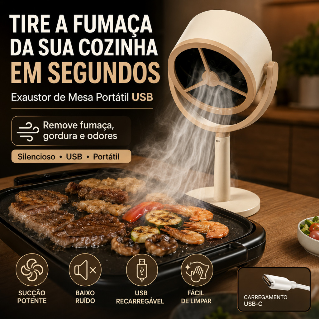 Mini Exaustor de Mesa Portátil  Remove Fumaça e Gordura Ideal para Cozinha, Churrasco e Frituras