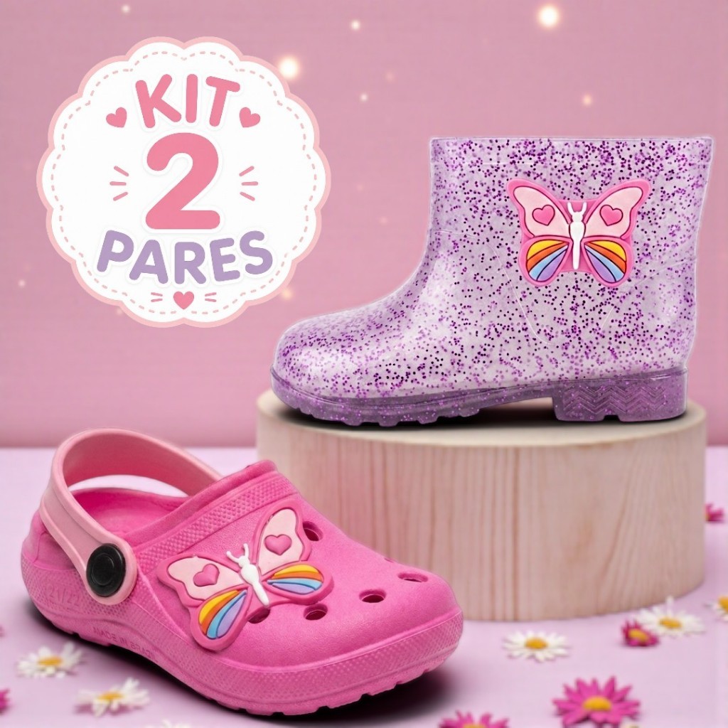 Kit 2 Pares Infantil Menina Galocha e Babuche Leve e Delicado