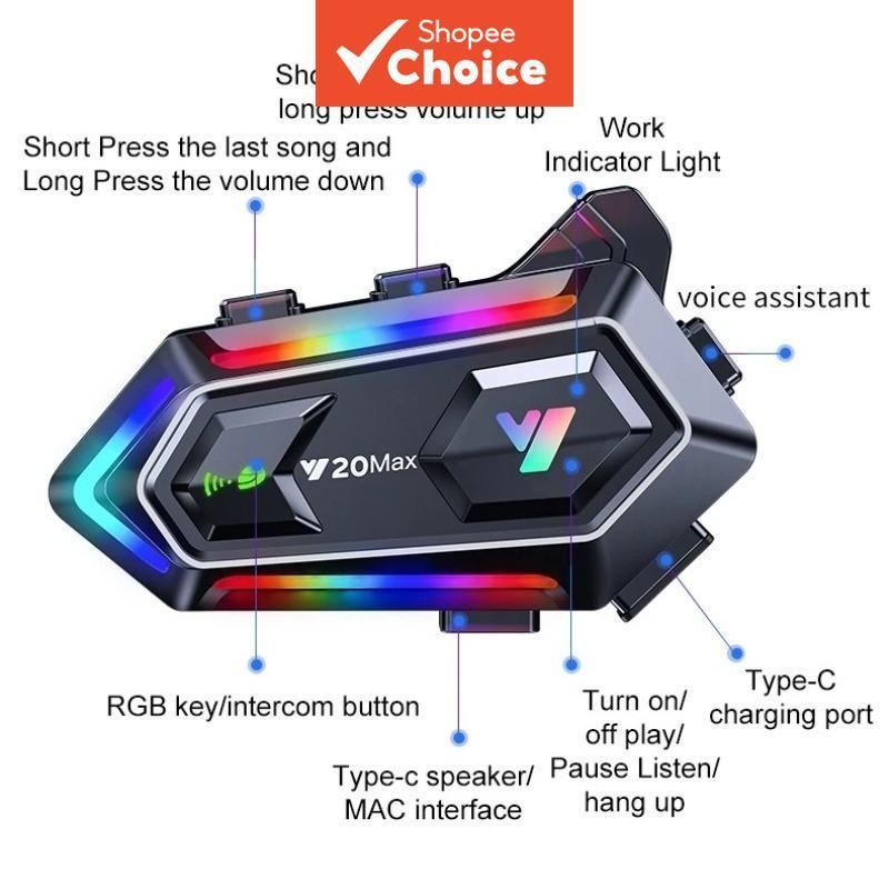 Y20 MAX Capacete à Prova D'água Intercomunicador Bluetooth RGB Luz V5.3 1000mAh Para Moto
