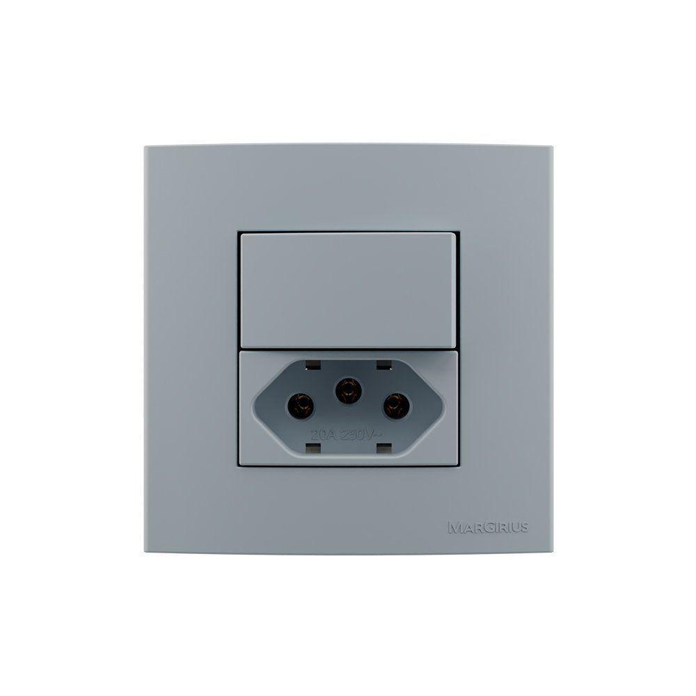 Placa Para Móveis 80x80 Com Interruptor Simples 10a E Tomada 2p+t 20a Margirius Sleek Colors Cinza Cinza