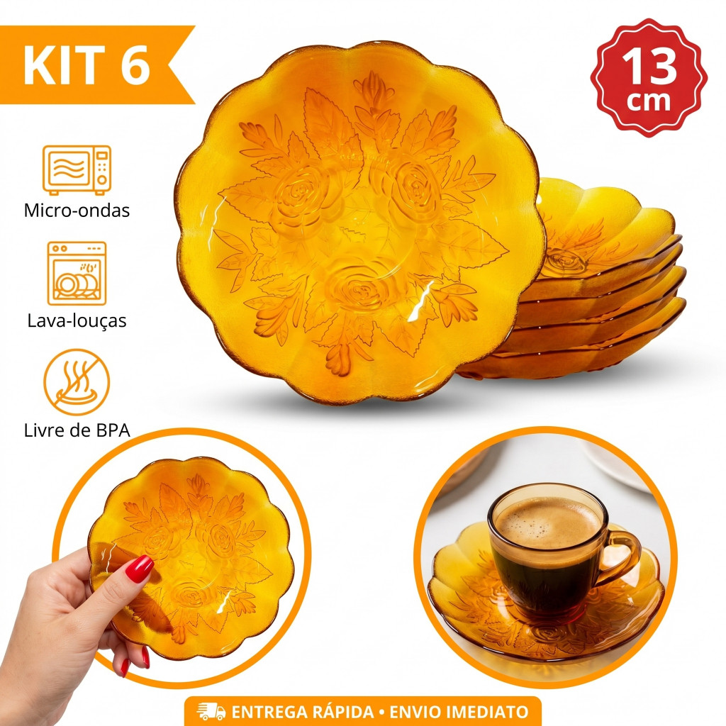 kit jogo de 6 Pires Florido Ambar Vidro Trabalhado com Relevo
