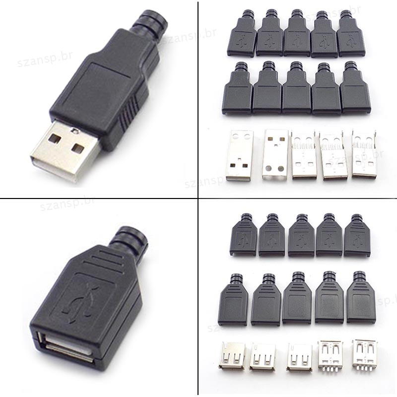 Tipo A Macho Fêmea USB 4 Pinos Tomada Conector Com Tampa De Plástico Preto-Kits DIY BRA1