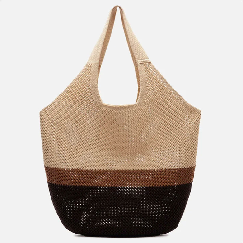Bolsa Grande Brizza Arezzo Crochê Bege Marrom e Preto - Feminino