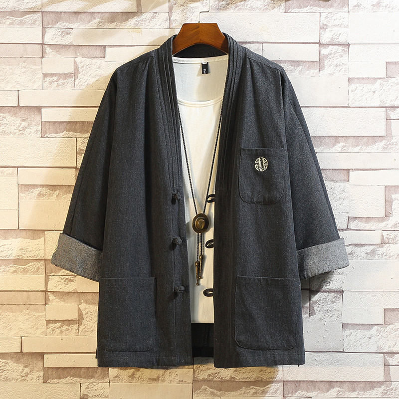 Roupas masculinas estilo chinês Tang Suit Buckle Layman Roupas Jaqueta jeans Juventude Taoísta Robe Zen Roupas Retro Rou