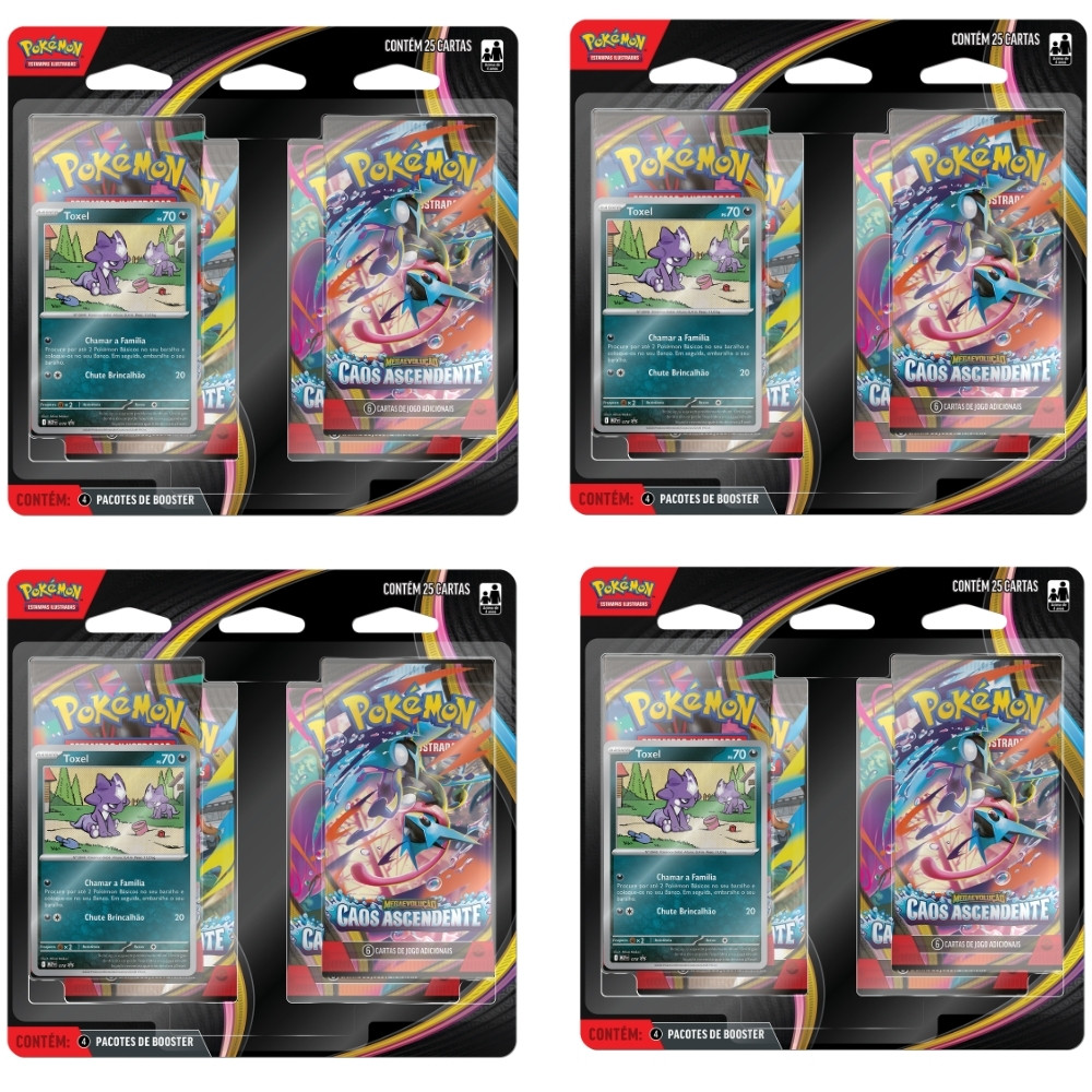 BLISTER QUÁDRUPLO TOXEL MEGA EVOLUÇÃO CAOS ASCENDENTE ME04 COPAG POKÉMON TCG BOOSTERS CARTAS PACK