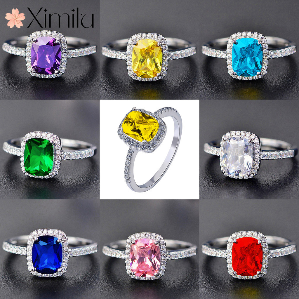 ♥ Original multicolorido retangular diamante colorido pedra preciosa anel de prata feminino ametista noivado rubi jóias