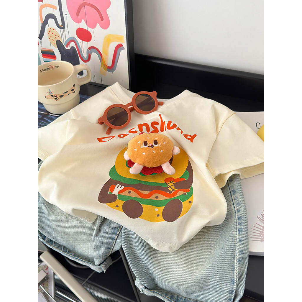 Crianças dos desenhos animados tridimensional boneca de manga curta camiseta verão novo estilo meninos meninas solto est