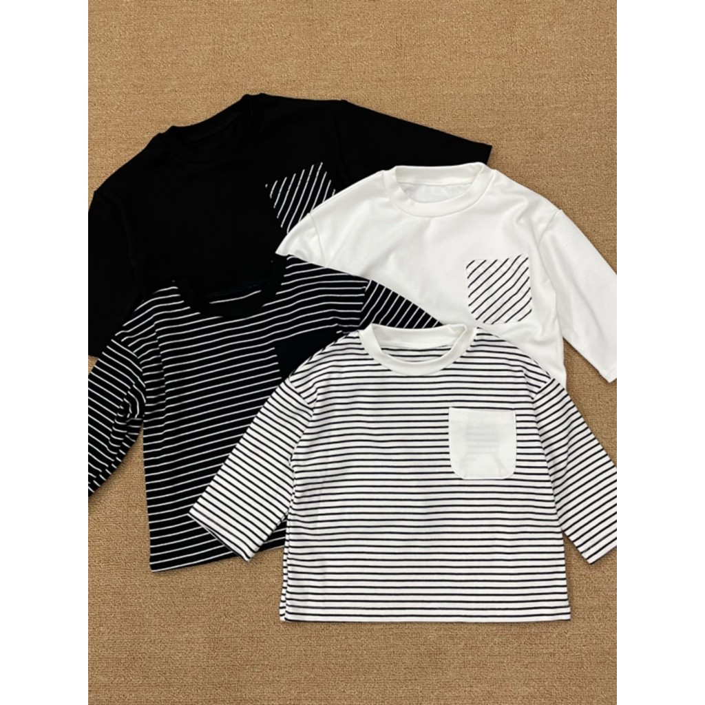 Crianças puro algodão de manga comprida camiseta primavera outono novo estilo meninos meninas moda listrado em torno do 