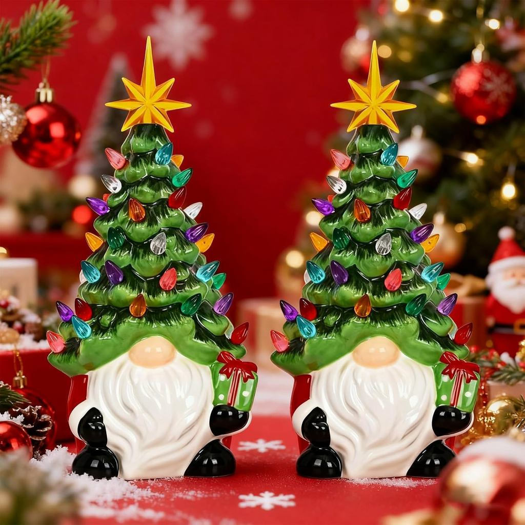Árvore de Natal com gnomos luminosos DIY, mini árvore de Natal de cerâmica de 8 polegadas, equipada com luzes multicolor