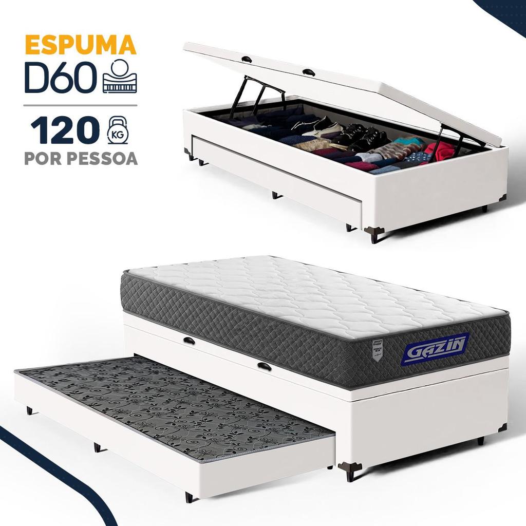 Cama Box Baú com Colchão Gazin de Espuma D60 Double Face Force UP + Auxiliar de Espuma Solteiro 88cm