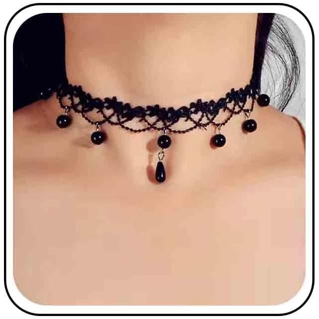 Colar Choker de Renda Preta Vintage, Colar Choker com Cristal em Forma de Gota Preta, Colares de Renda Oca Gótica, Colar