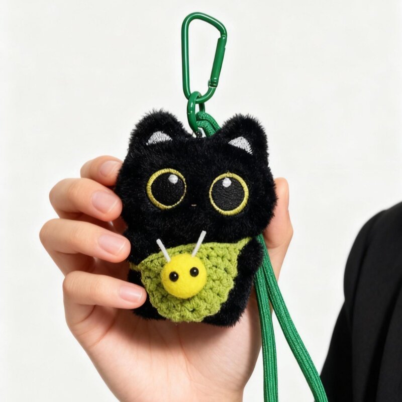 Pequeno gato preto abelha bolsa de ombro pingente bonito boneca de pelúcia chaveiro cordão tecido à mão presente criativ