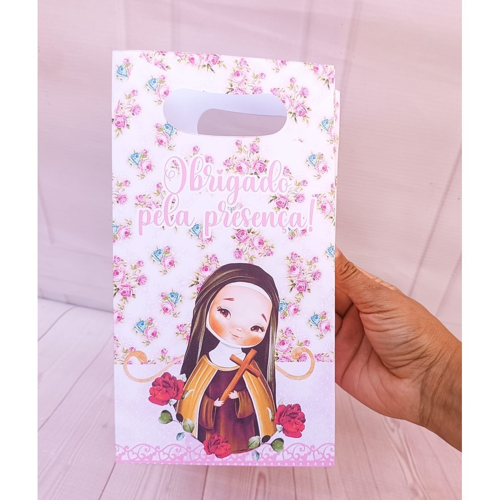 Sacolinhas SANTA TEREZINHA FLORAL ROSA - Sacola para lembrancinha de aniversário infantil - Pegue e Monte