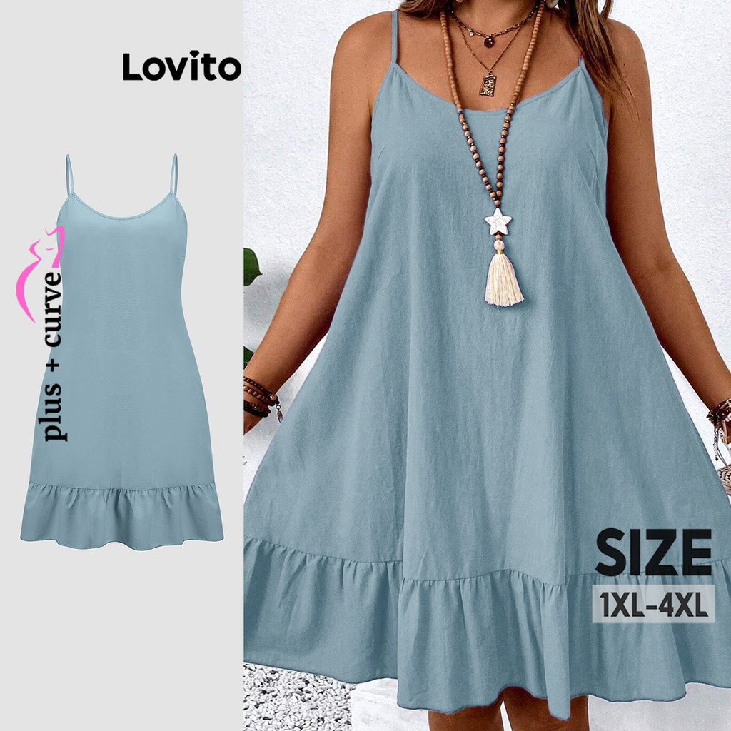 Lovito Vestido Curva Plus Size Casual Com Babados Lisos Para Mulheres LBL18844