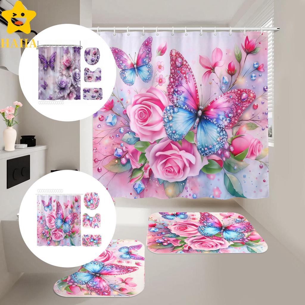 Cortina De Chuveiro Floral Com 12 Ganchos , 4 Unidades , Roxo , Banheiro Tapetes , Tampa De Vaso Sanitário , Lavável À M