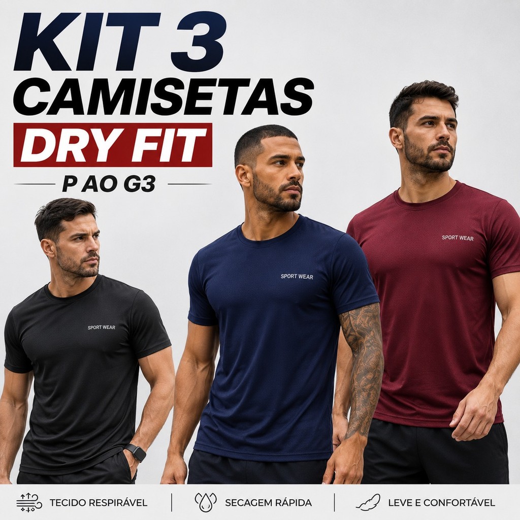 Kit 3 Peças Camisetas Dry Fit Masculina Furadinha Premium Academia Corrida Treino Esporte Plus Size P ao G3