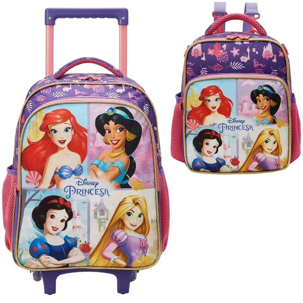 Kit Mochila de Rodinhas Lancheira Princesas Ariel Rapunzel branca de neve e Jasmine Xeryus  bolsa resistente