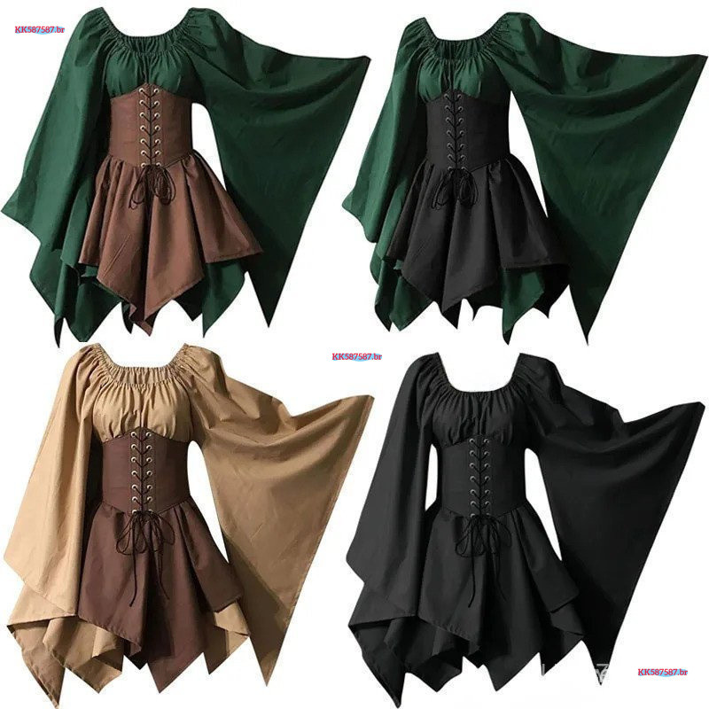 Traje Medieval Feminino, Vestido Renascentista com Mangas Sino, Saia com Corset, Saia Externa, Arco e Flecha de Elfo, Ro