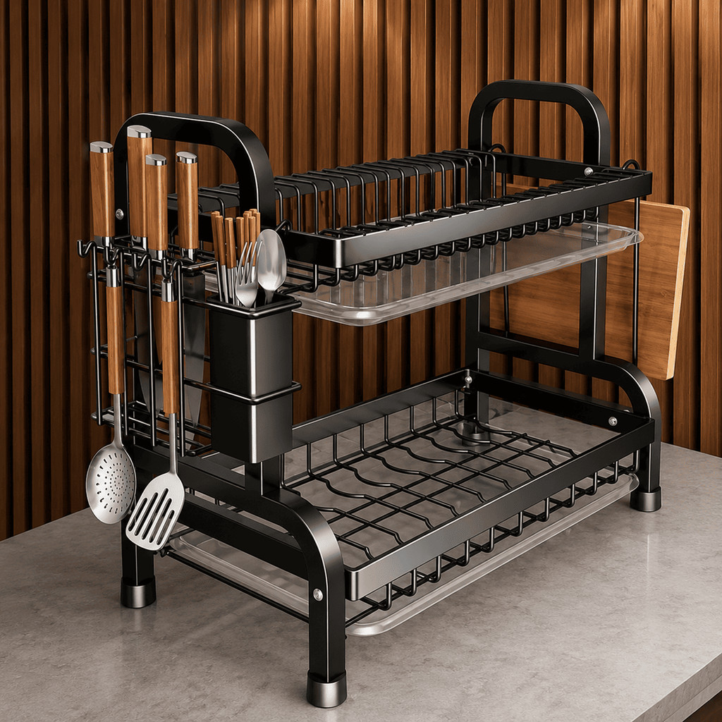 Melhor Escorredor de Pratos Duplo Aço Inox Preto com Porta Talheres e Suporte para Tábua