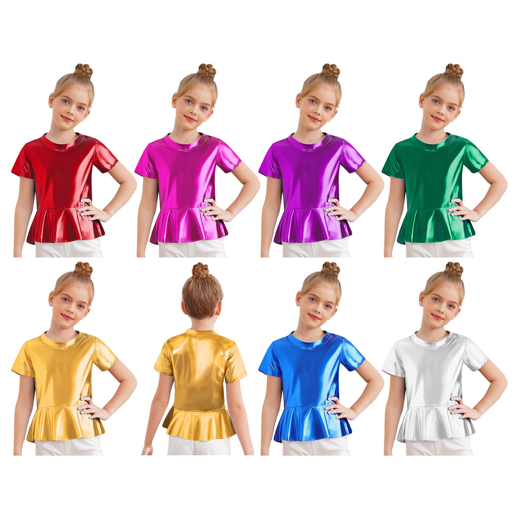 inhzoy Crianças Meninas Cheerleading Jazz Dança Palco Desempenho Traje Metálico Peplum Topo Em Torno Do Pescoço Mangas C
