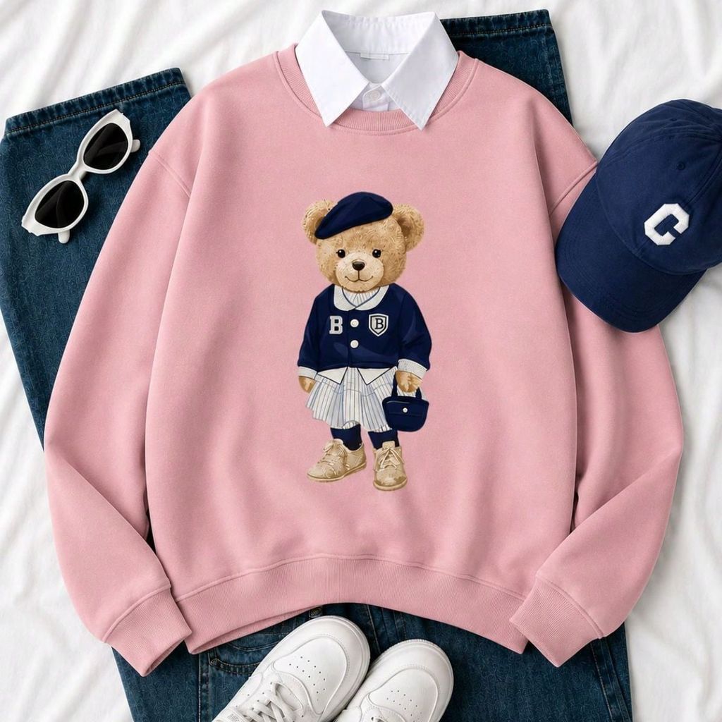 Moletom Feminino com Estampa Vintage Preppy Urso Blusa de Frio Estilo Gola Redonda Estilosa Perfeita — imagem 2 de 2