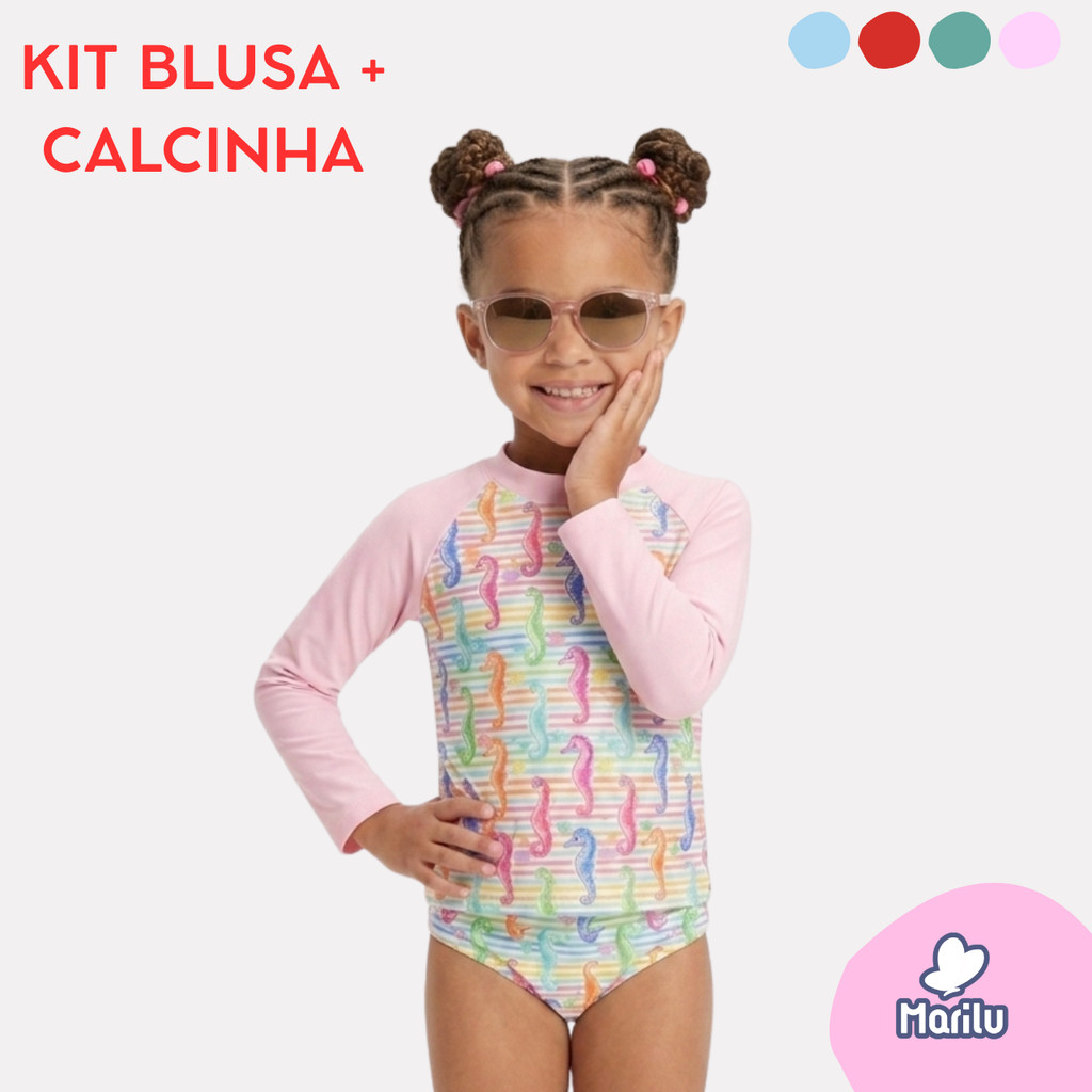 Conjunto de banho praia infantil menina feminino proteção uv camisa e calcinha piscina solar natação estampado