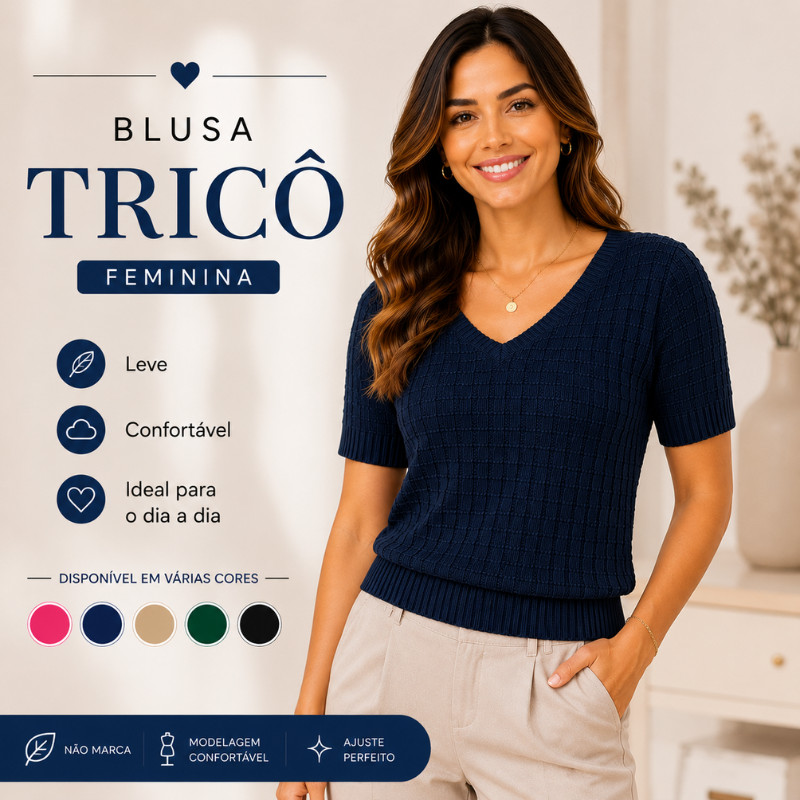 Blusa Tricô Feminina Manga Curta Gola V Modal Canelada Elegante Casual Inverno Leve |3061| Pronta Entrega