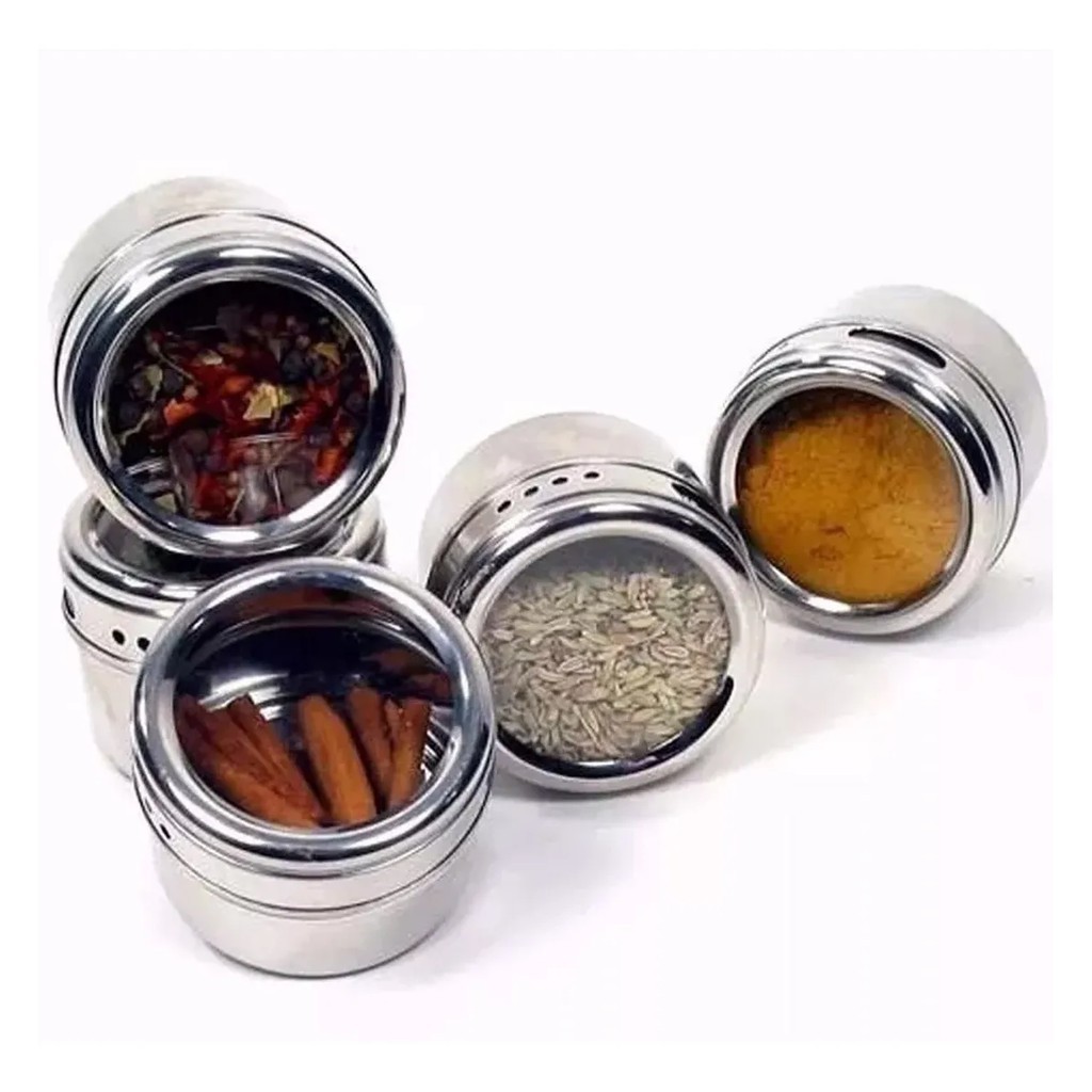 Porta Condimento Tempero Magnético Em Inox Kit Com 1/2/4/6 Potes Com Imã Geladeira CA12335