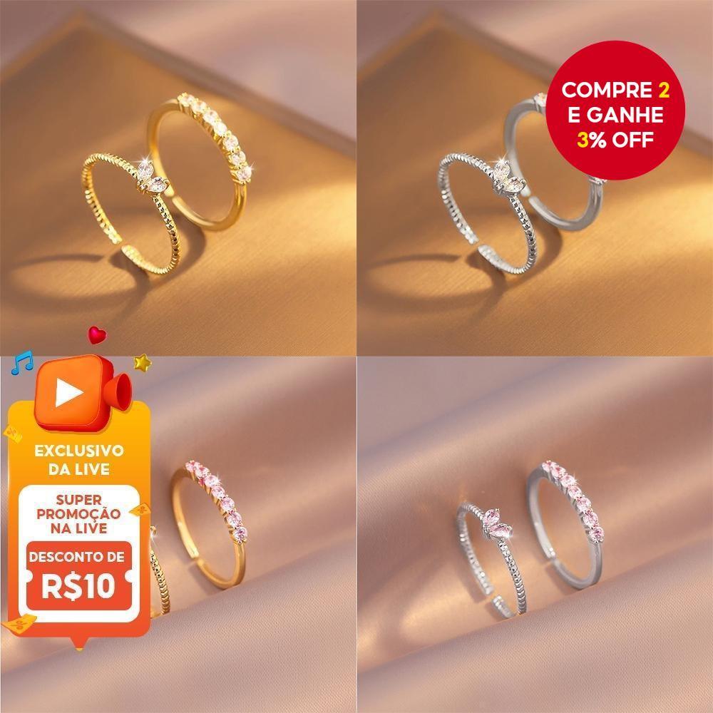 Empilhamento 2 Peças Conjunto De Anel De Coração De Zircônia Elegante Ajustável Anéis De Prata Dourados Para Mulheres Jo