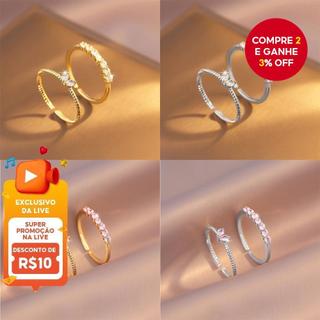 Empilhamento 2 Peças Conjunto De Anel De Coração De Zircônia Elegante Ajustável Anéis De Prata Dourados Para Mulheres Jo