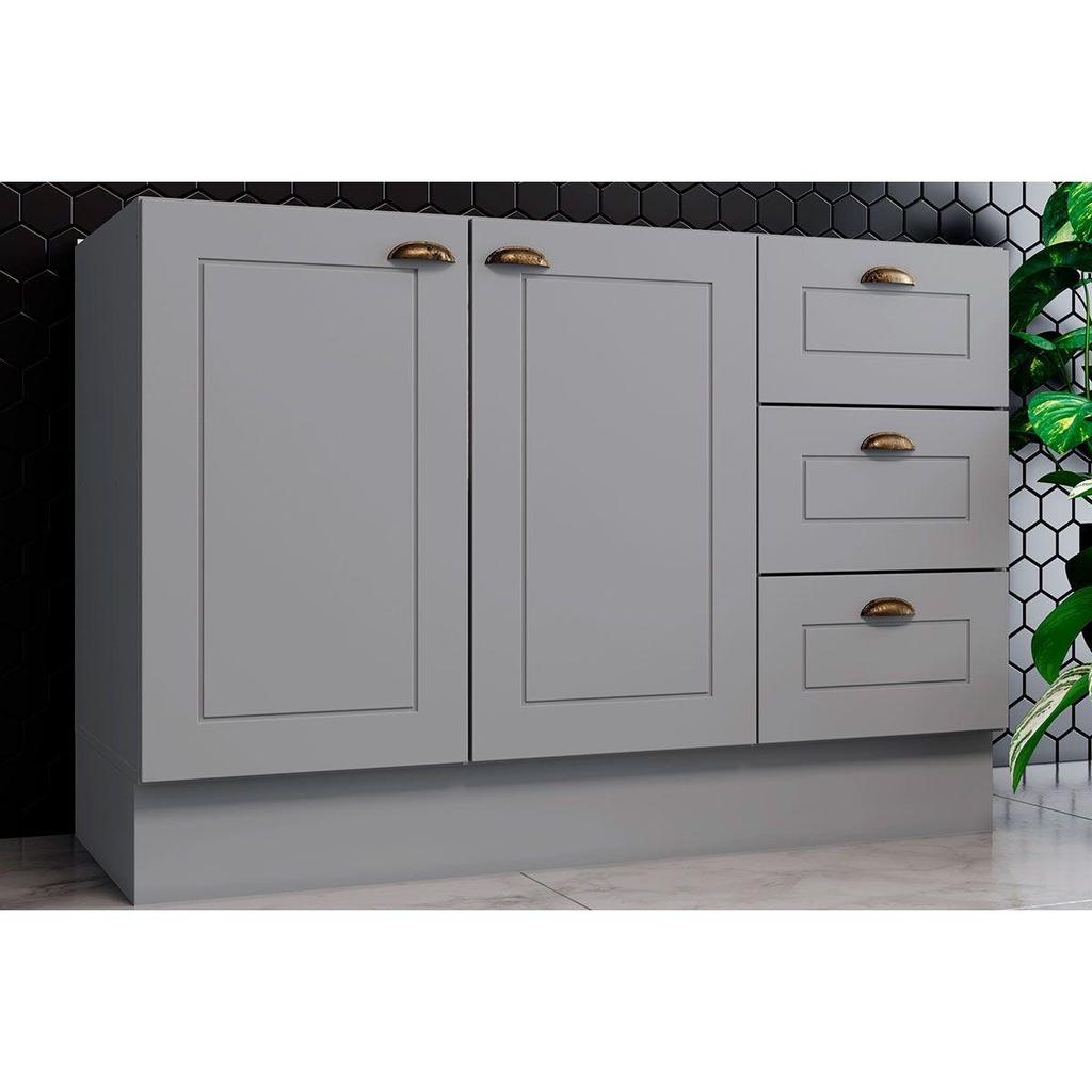 Gabinete de Cozinha Modulado Balcão Americana 2 Portas e 3 Gavetas p/ Pia 120cm S/tampo Cinza - Henn