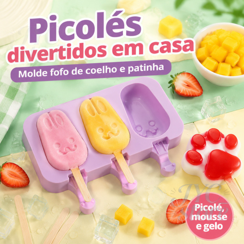 Kit 2 Forma Molde Para Sorvete Picolé Silicone C/ Tampa 6 Sorvete Aleátorio + 50 Palitos